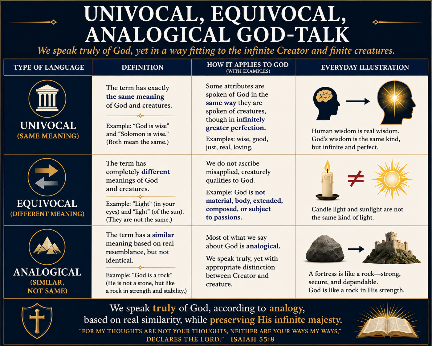 Univocal, equivocal, and analogical God-talk — three ways theological language can work. Univocal: same meaning for God and creatures (e.g., wisdom is wisdom). Equivocal: completely different meanings (e.g., 'light' in eyes vs sun). Analogical: similar but not identical, based on real resemblance (e.g., God is a rock — strong, secure, dependable in a manner that resembles, but transcends, the literal sense).