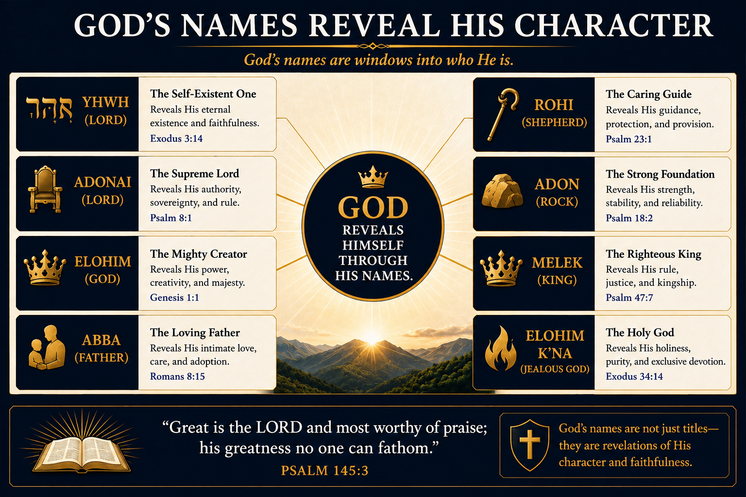 God's names reveal His character — YHWH (the Self-Existent One), Adonai (the Supreme Lord), Elohim (the Mighty Creator), Abba (the Loving Father), Rohi (the Caring Guide), Adon (the Strong Foundation), Melek (the Righteous King), and Elohim K'na (the Holy God). His names are windows into who He is.