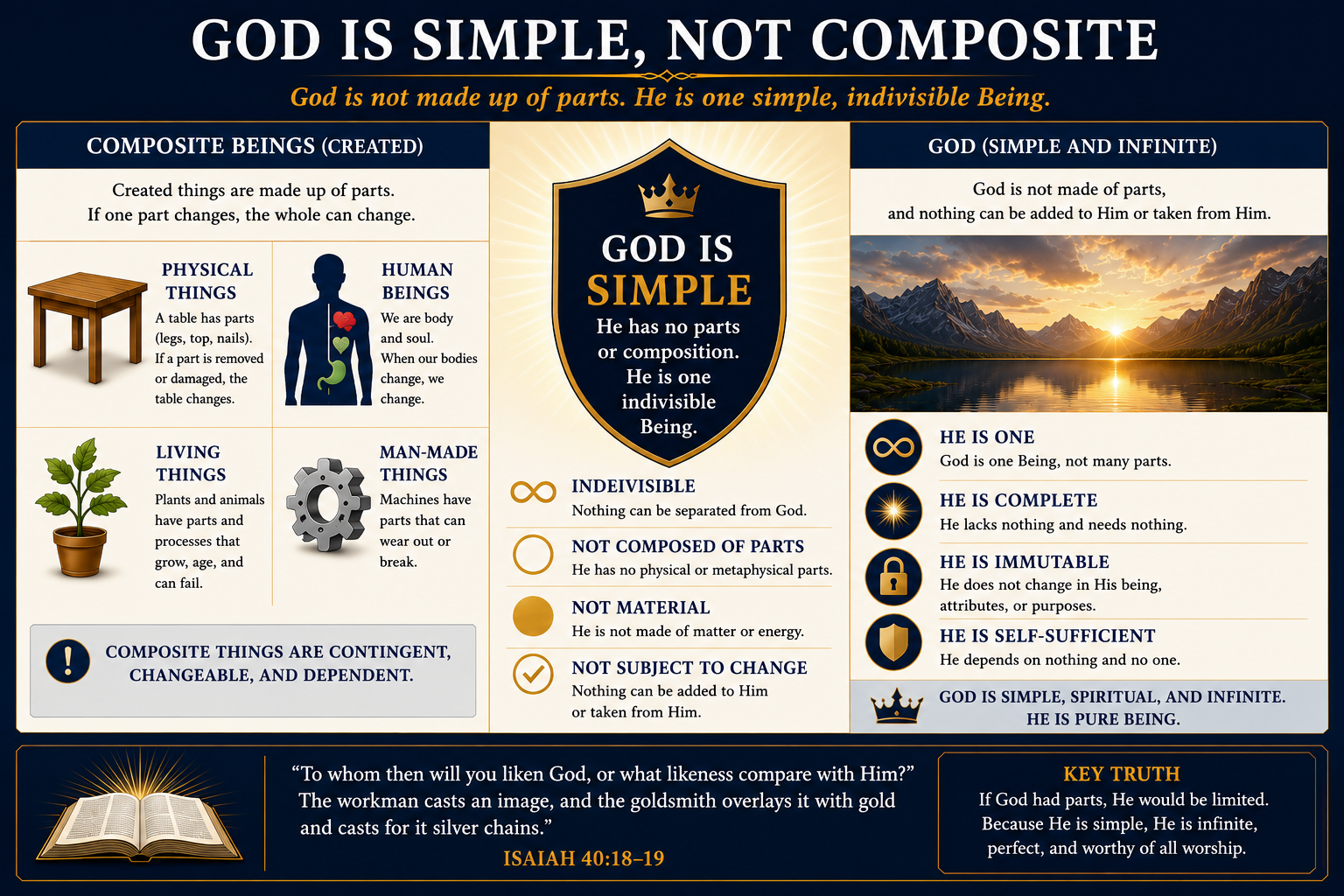 God is simple, not composite — created things (tables, bodies, plants, machines) are made of parts and can change or fail when a part fails. God has no parts, no composition; He is one indivisible Being — indivisible, not composed of parts, not material, not subject to change.