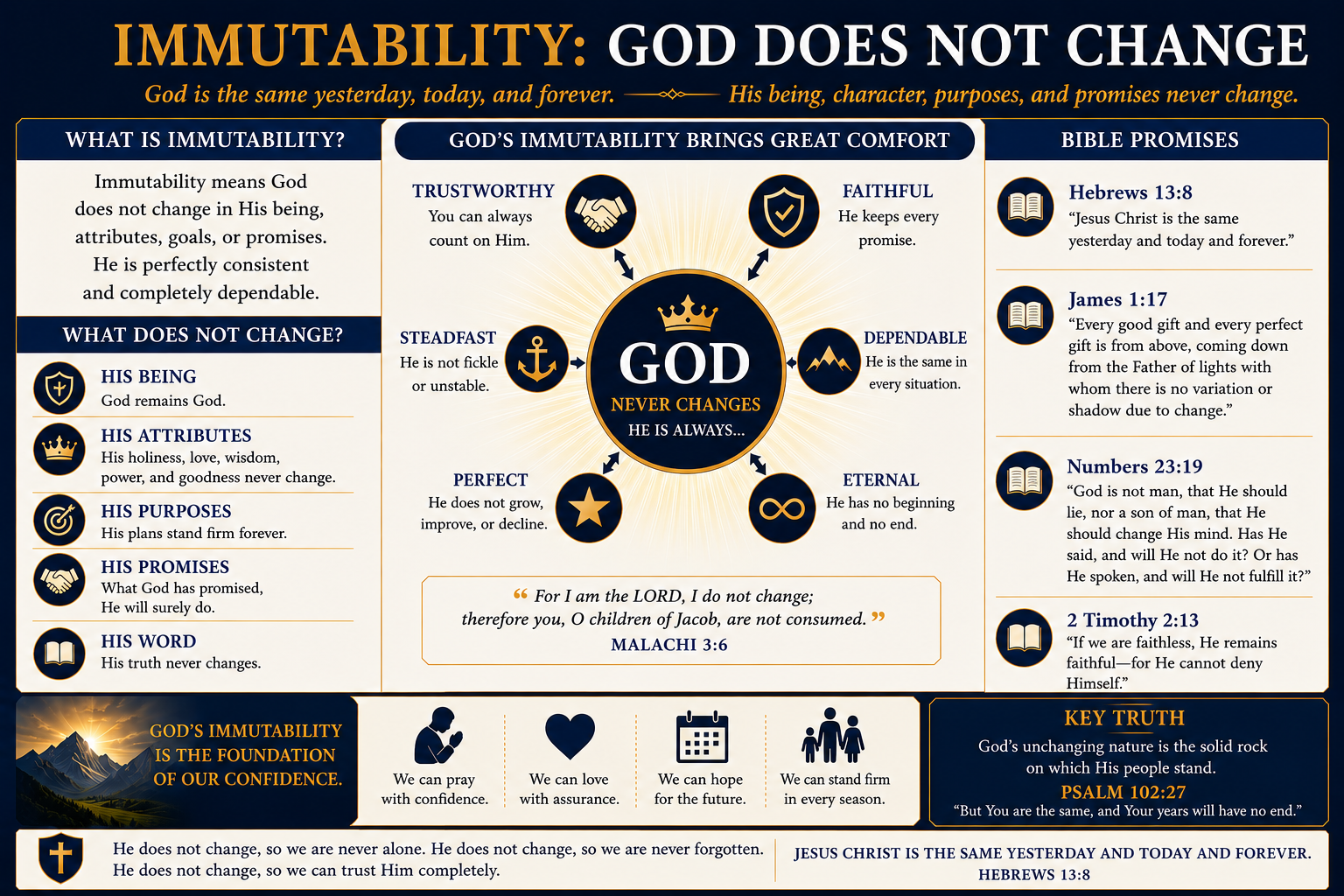 Immutability — God does not change. His being, attributes, purposes, promises, and word remain constant. He is trustworthy, faithful, steadfast, perfect, dependable, eternal — the same yesterday, today, and forever (Heb 13:8; Mal 3:6).