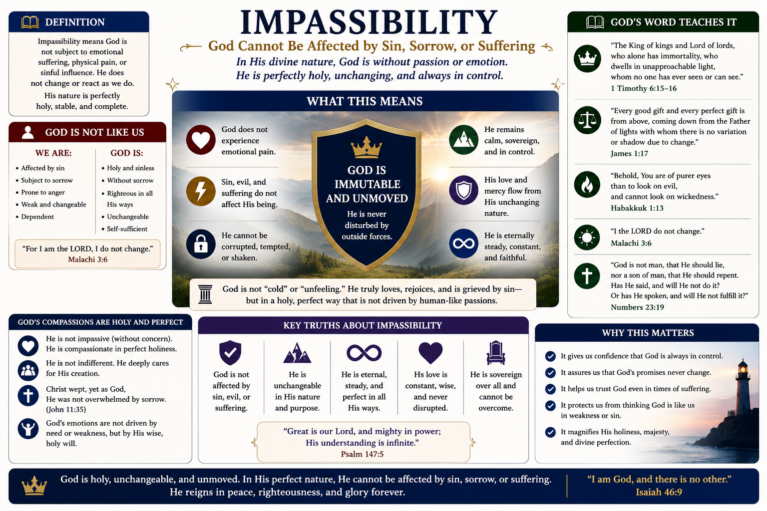 Impassibility — God cannot be affected by sin, sorrow, or suffering. In His divine nature, God is without passion or emotion in the creaturely sense. He is perfectly holy, unchanging, and always in control. His love and mercy flow from His unchanging nature, not from external causes.