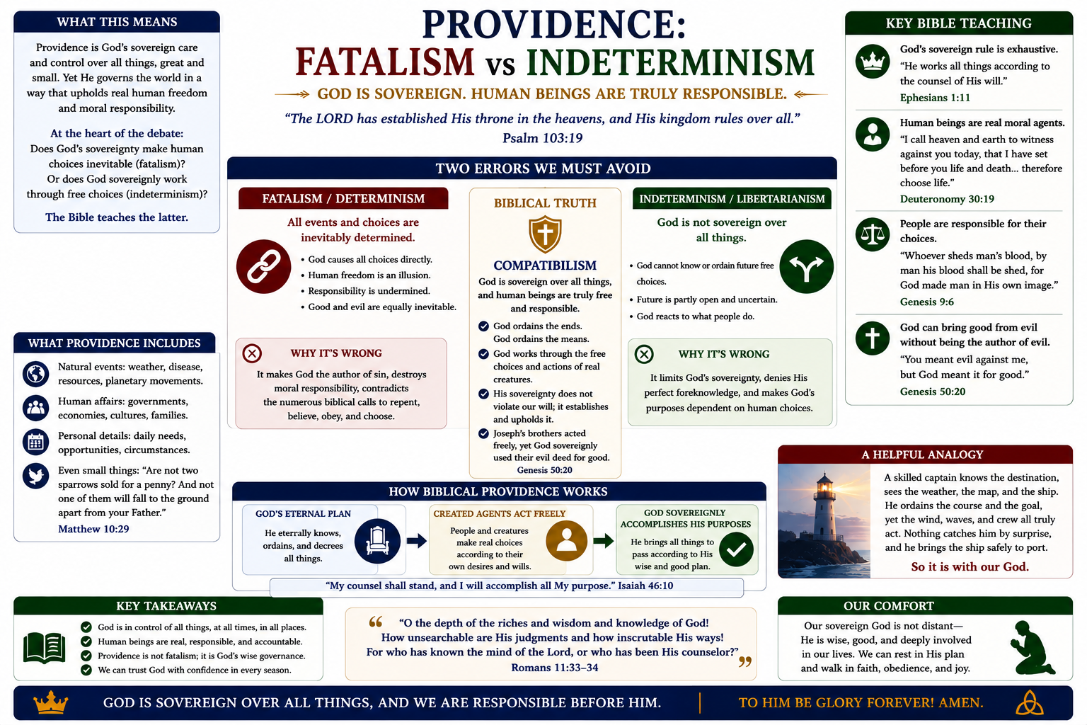 Providence: Fatalism vs Indeterminism — two errors we must avoid. Fatalism/determinism: all events and choices are inevitably determined; human responsibility undermined. Indeterminism/libertarianism: God is not sovereign over all things; future is open. Biblical truth (compatibilism): God is sovereign over all things, and human beings are truly responsible.