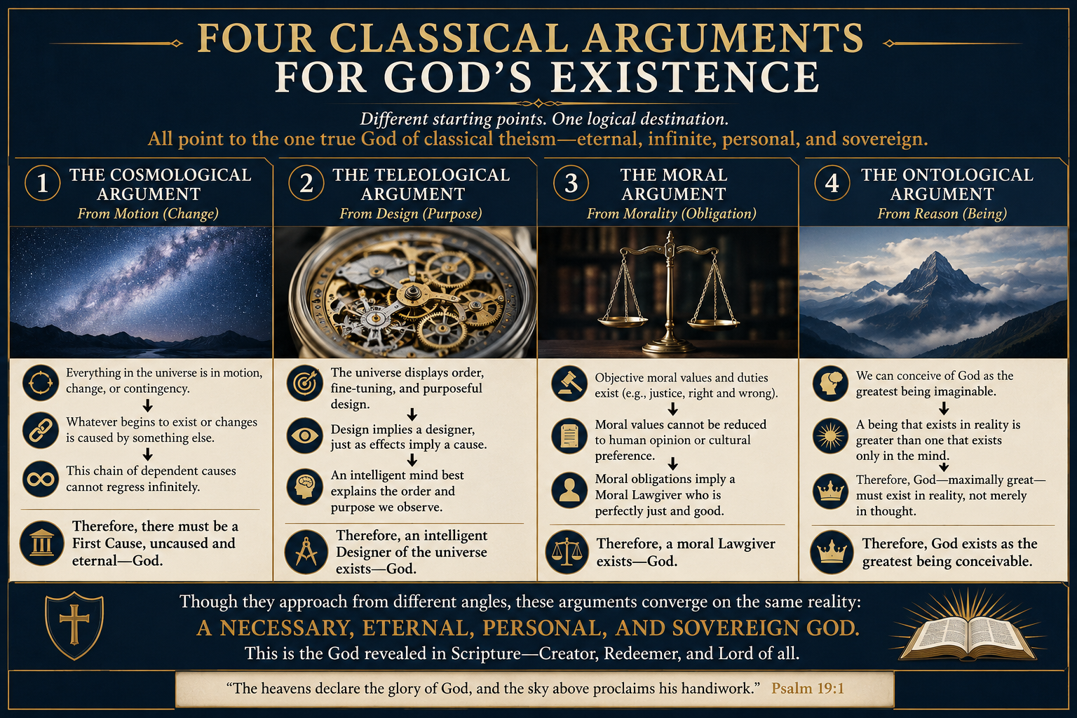 Four classical arguments for God's existence — Cosmological (from motion/change), Teleological (from design), Moral (from morality), and Ontological (from being). All four converge on a necessary, eternal, personal, and sovereign God.