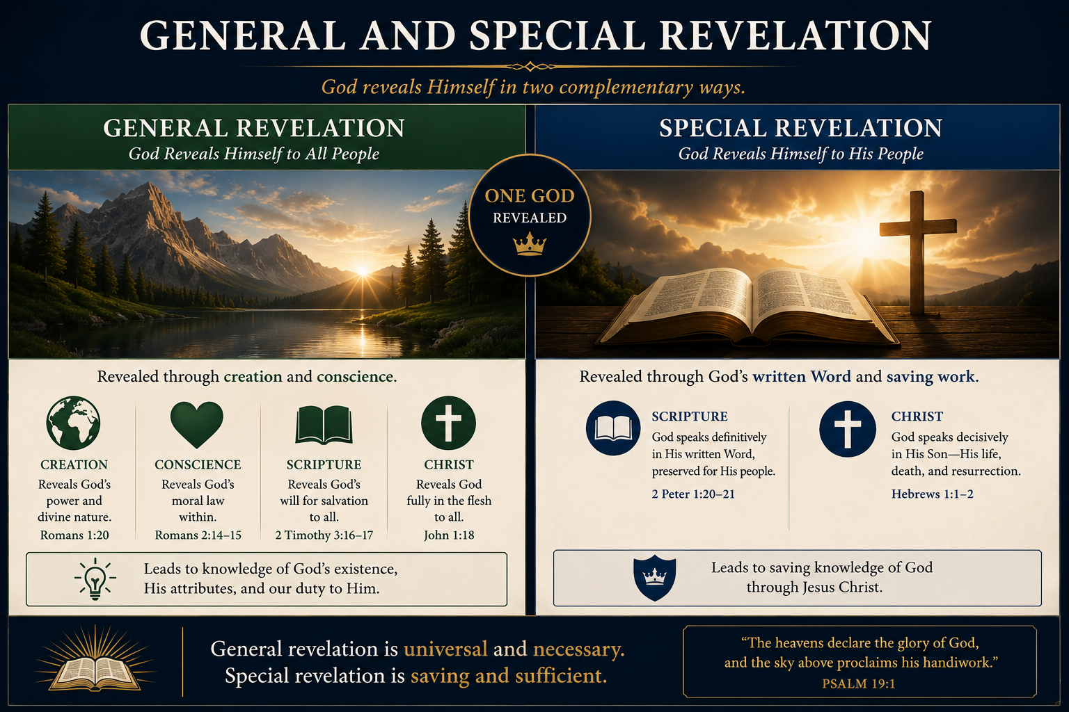General and special revelation — the two modes by which God discloses Himself. General revelation through creation and conscience; special revelation through Scripture and supremely through Christ.