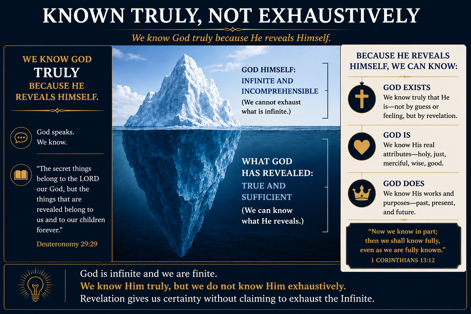 Known truly, not exhaustively — the iceberg metaphor. The visible tip is what God has revealed (true and sufficient); the submerged mass is God Himself (infinite and incomprehensible). We know Him truly because He reveals Himself, but not fully because He is infinite.